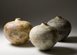 Eva Brandt 3 big stoneware pots 'Yellow Fossil', 'White Fossil' and 'Greygreen Rock' about 40 cm tall, coiled, fired in electric kiln 2011